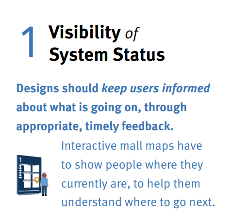 Heuristic 1: Visibility of system status. Designs should keep users informed about what is going on, through appropriate, timely feedback.