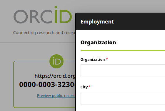 The ORCID window for adding employment