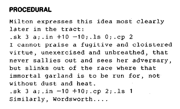 An example of procedural markup, with detailed code for a printer or typesetting application