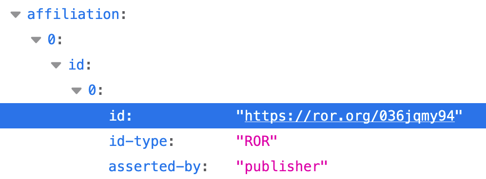 Screenshot showing JSON Crossref metadata with a ROR-linked affiliation.