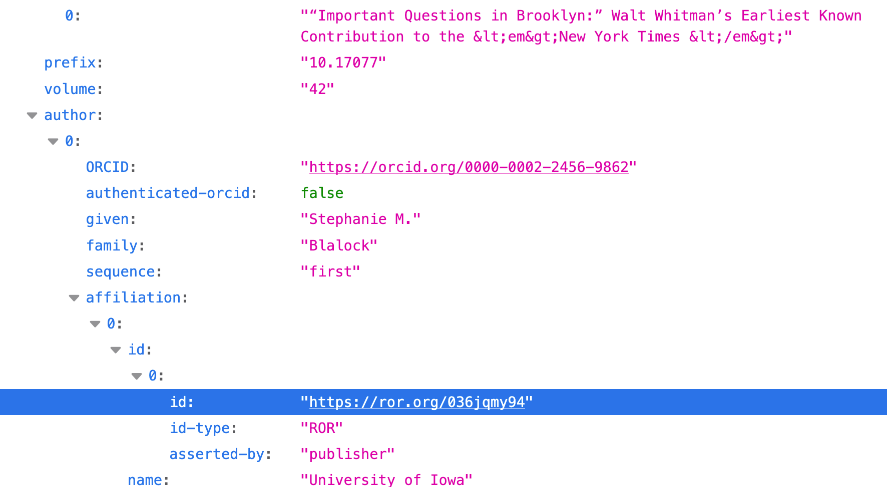 Screenshot showing JSON Crossref metadata with a ROR-linked affiliation.