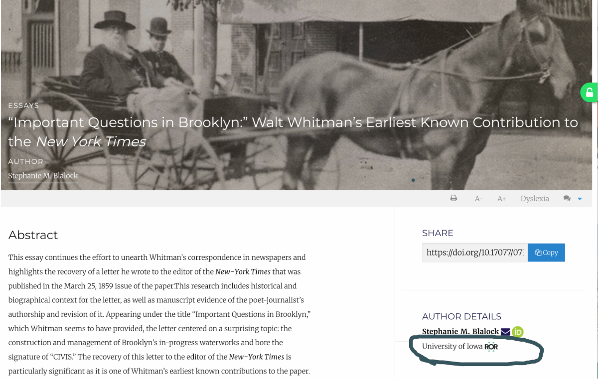 Screenshot showing an article page with a ROR-linked affiliation in the sidebar.