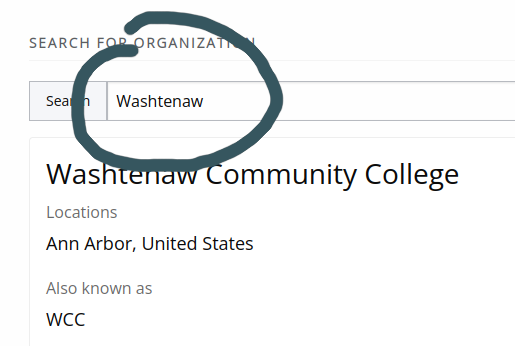 The Janeway ROR search with the search term "Washtenaw" highlighted