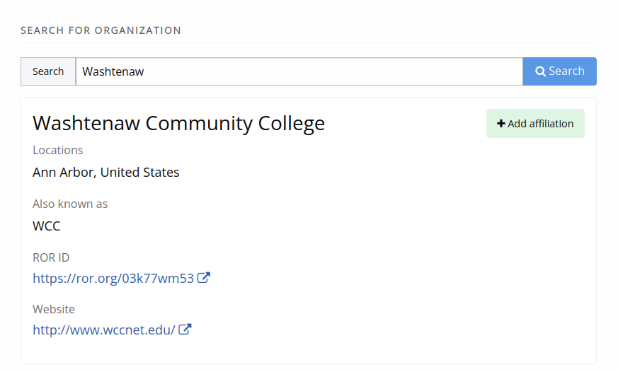 A screenshot of the page in Janeway where you can search for an organization to add your affiliation.
